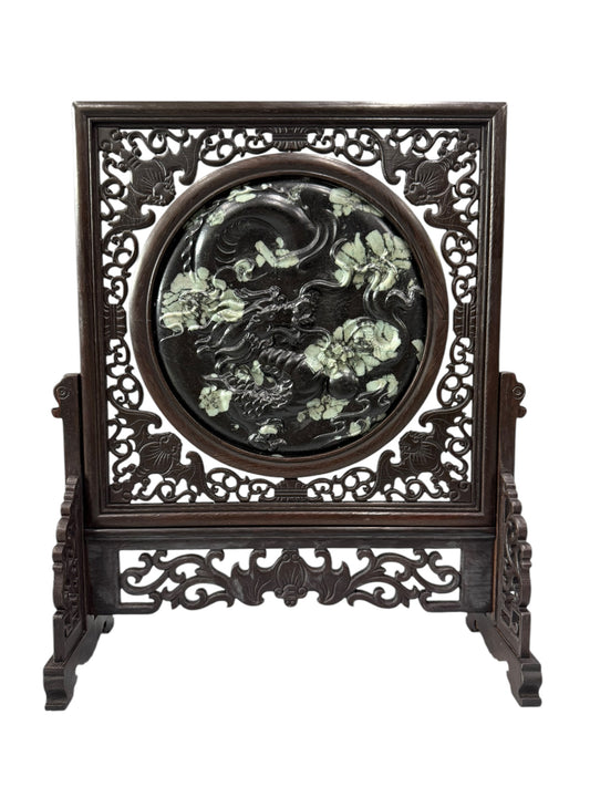 Peony stone (mudan shi) carving artifacts chinese oriental dragon design tabletop display ornaments