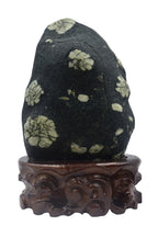 Small Raw Natural Stone Luoyang Peony & Chrysanthemum Blossom Stone Ornaments, Wooden Base Tabletop Decoration