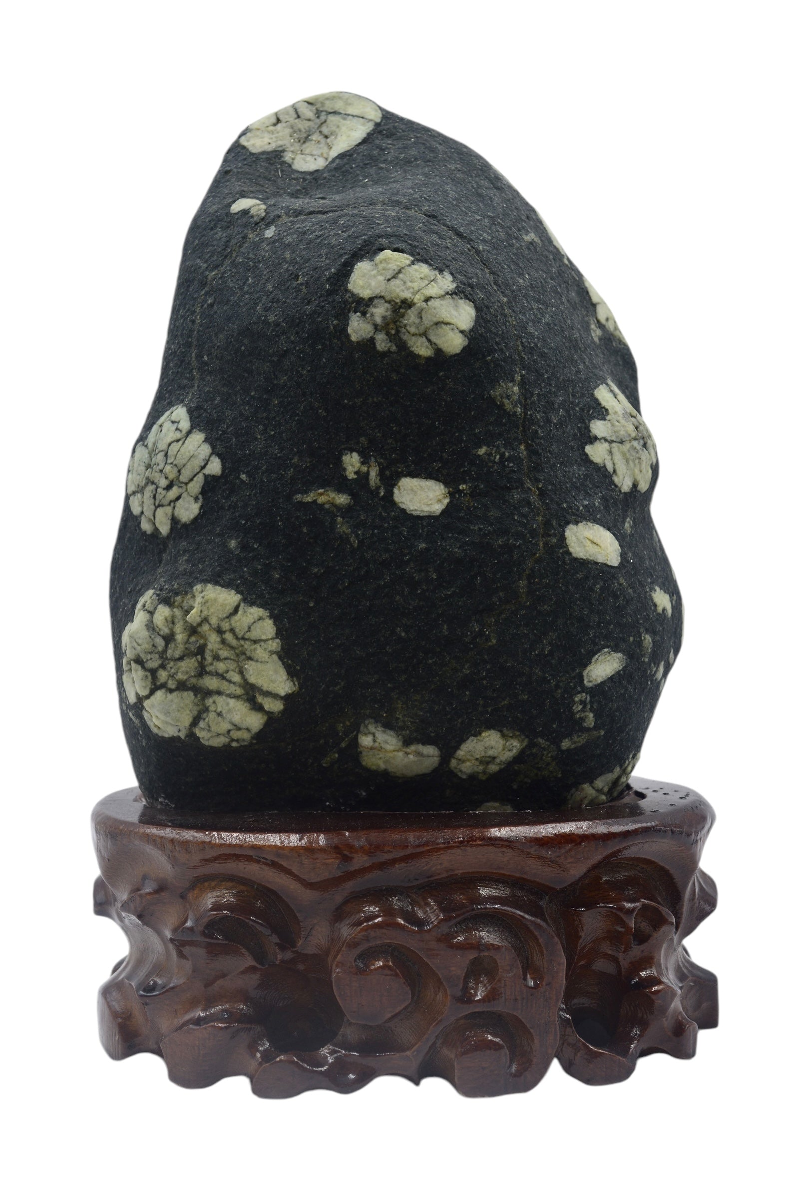 Small Raw Natural Stone Luoyang Peony & Chrysanthemum Blossom Stone Ornaments, Wooden Base Tabletop Decoration