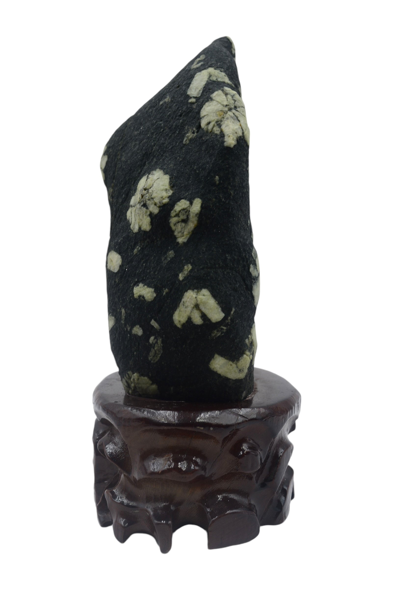 Small Raw Natural Stone Luoyang Peony & Chrysanthemum Blossom Stone Ornaments, Wooden Base Tabletop Decoration