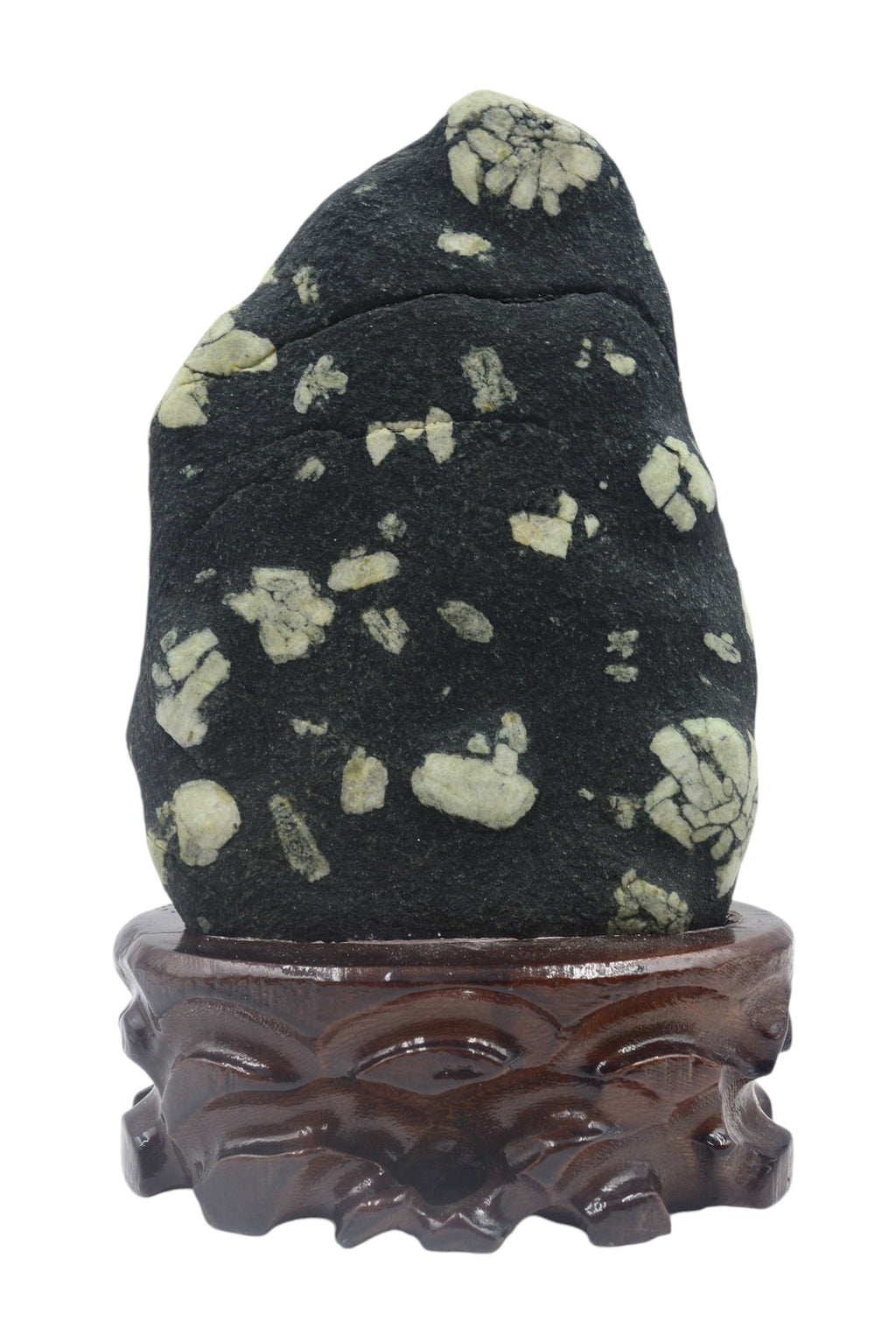 Small Raw Natural Stone Luoyang Peony & Chrysanthemum Blossom Stone Ornaments, Wooden Base Tabletop Decoration