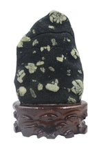 Small Raw Natural Stone Luoyang Peony & Chrysanthemum Blossom Stone Ornaments, Wooden Base Tabletop Decoration