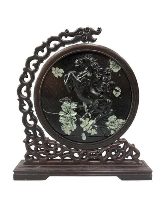 Tabletop chinese art wood carving partition screen miniatures horse Peony flower stone 牡丹石雕 artifacts sculpture