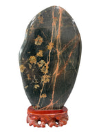 Natural Stone Luoyang Peony & Chrysanthemum Blossom Stone 牡丹石 菊花石, Wooden Base, Home & Office Tabletop Feng Shui Decoration