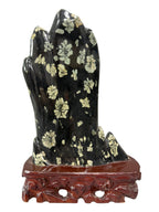 Mountain Lookalike Natural Stone - Peony & Chrysanthemum Blossom Stone Ornaments, Wooden Base Tabletop Decoration