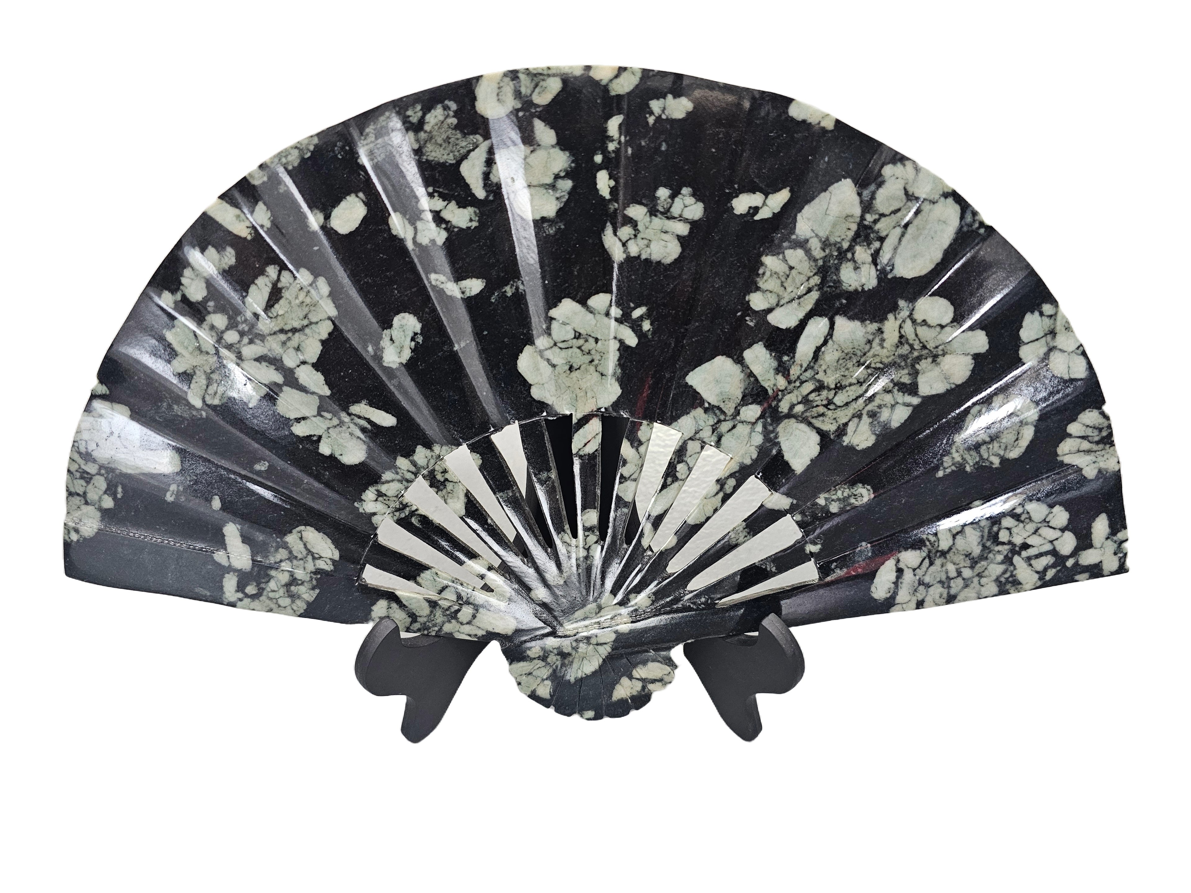 Elegance Classic Style Manual Fan -  Peony & Chrysanthemum Stone Carving, Good Fortune Miniature Artifact Sculpture