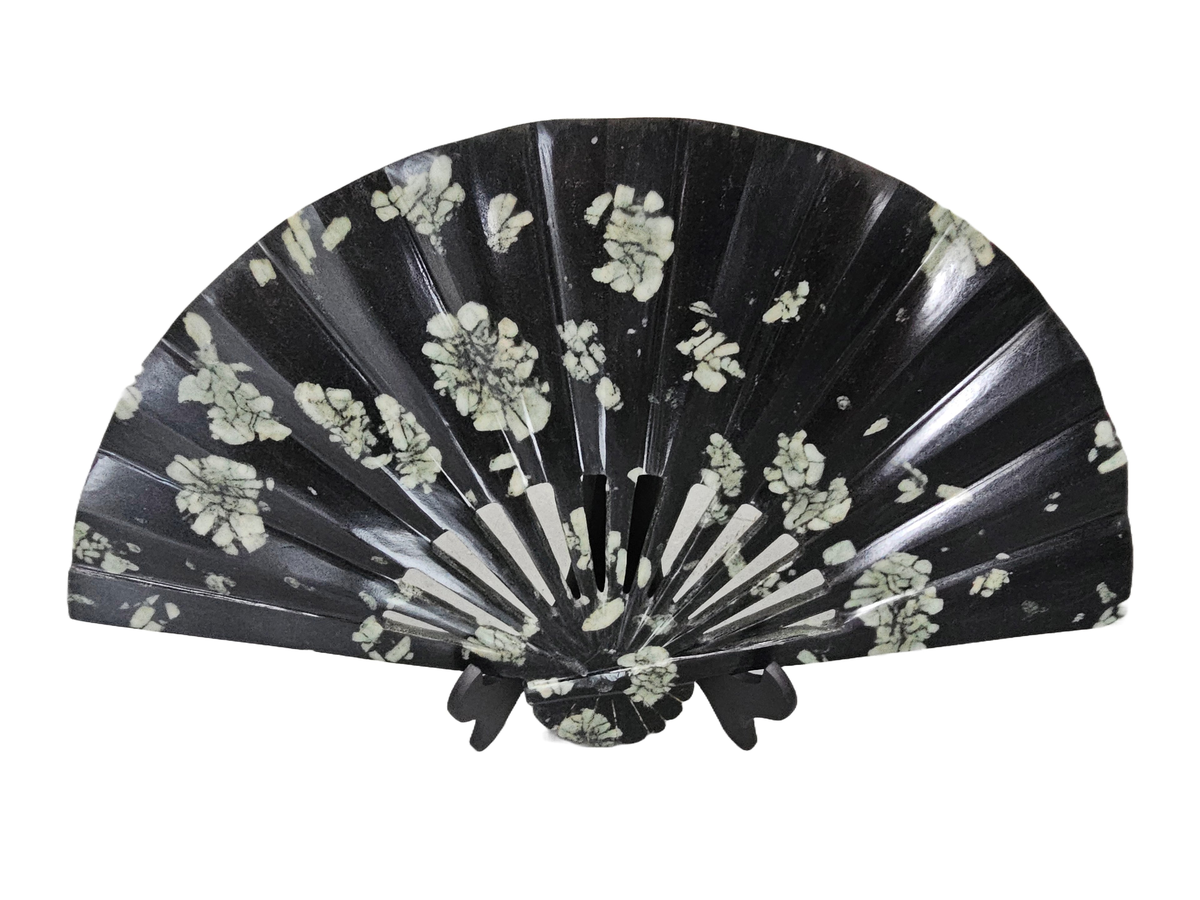 Elegance Classic Style Manual Fan - Peony & Chrysanthemum Stone Carving, Home & Office Miniature Artifact Sculpture