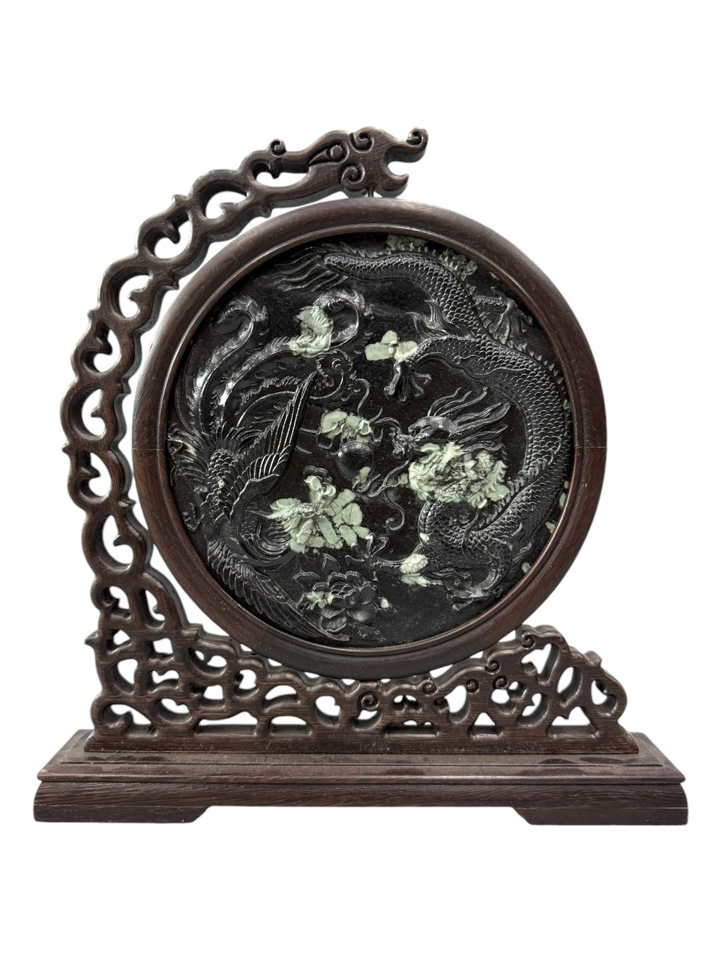 Tabletop Chinese Art Wood Carving Partition Screen – Miniature Peony & Chrysanthemum Stone 牡丹石雕 菊花石雕 Artifacts Sculpture