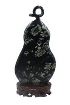 Calabash Fruits Gourd Wine Bottle - Peony flower & Chrysanthemum Stone Carving, Good Fortune Sculpture, Wooden Base Tabletop Decoration