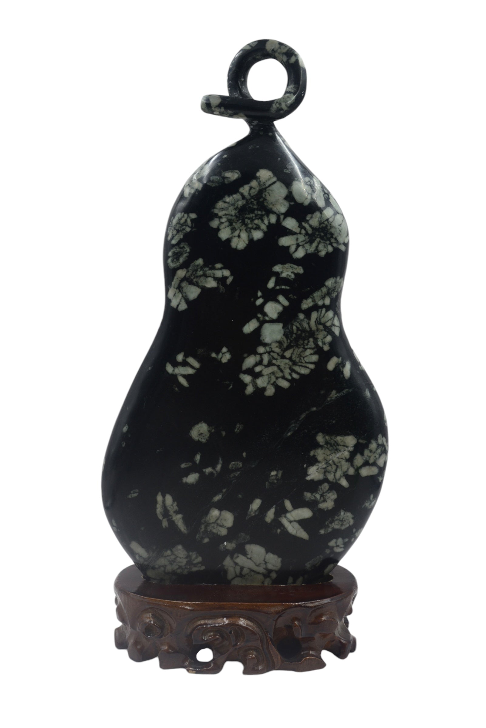 Calabash Fruits Gourd Wine Bottle - Peony flower & Chrysanthemum Stone Carving, Good Fortune Sculpture, Wooden Base Tabletop Decoration