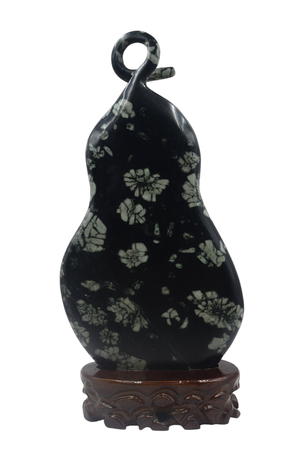 Calabash Fruits Gourd Wine Bottle - Peony flower & Chrysanthemum Stone Carving, Good Fortune Sculpture, Wooden Base Tabletop Decoration
