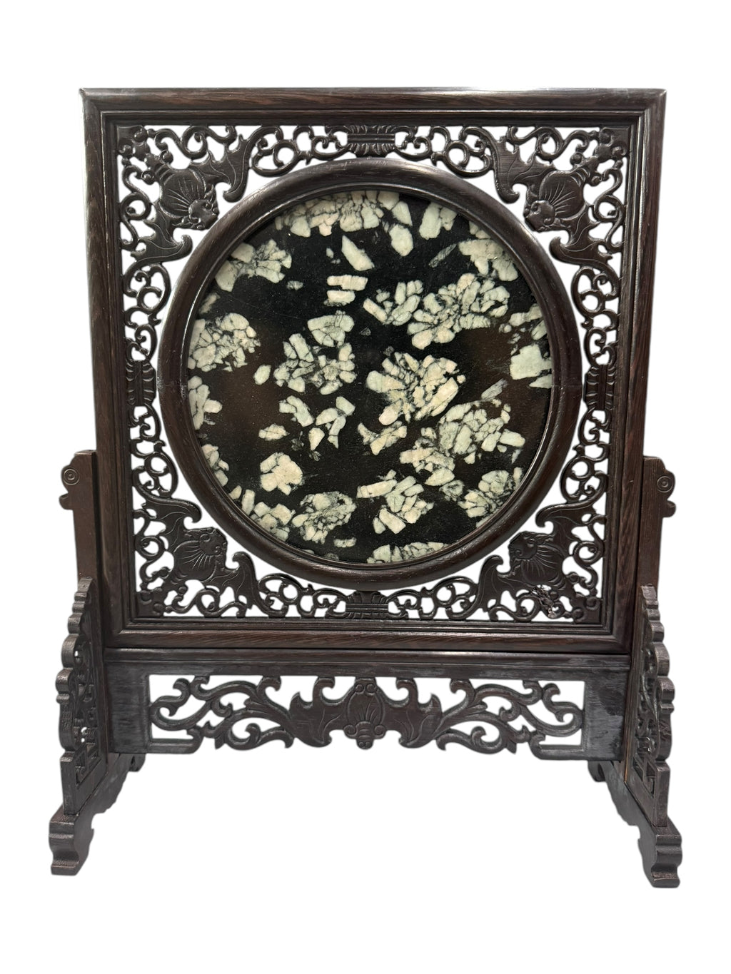 Tabletop Chinese Art Wood Carving Partition - Miniature Peony & Chrysanthemum Stone, Mudan Shi Artifacts Sculpture