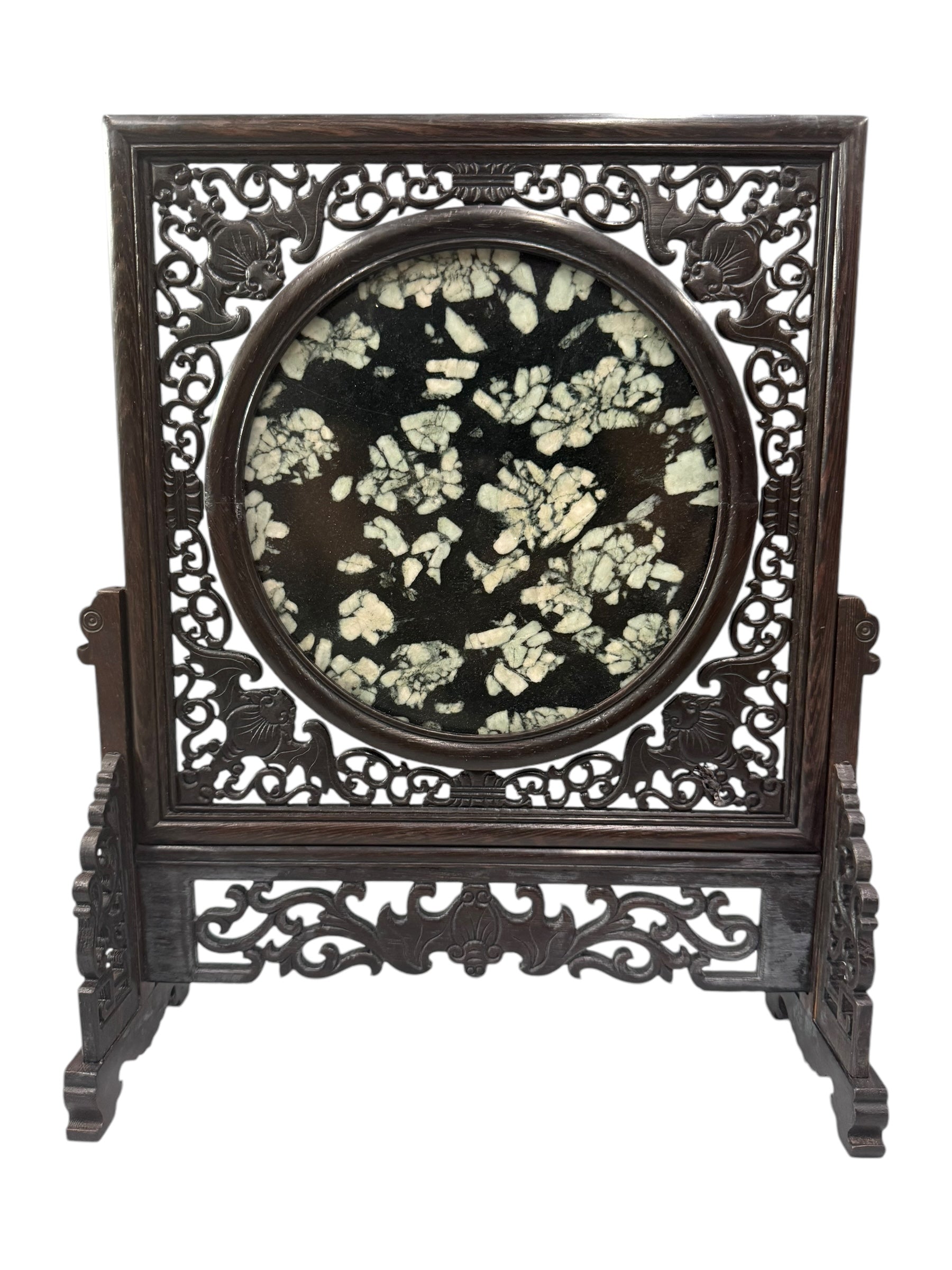 Tabletop Chinese Art Wood Carving Partition - Miniature Peony & Chrysanthemum Stone, Mudan Shi Artifacts Sculpture