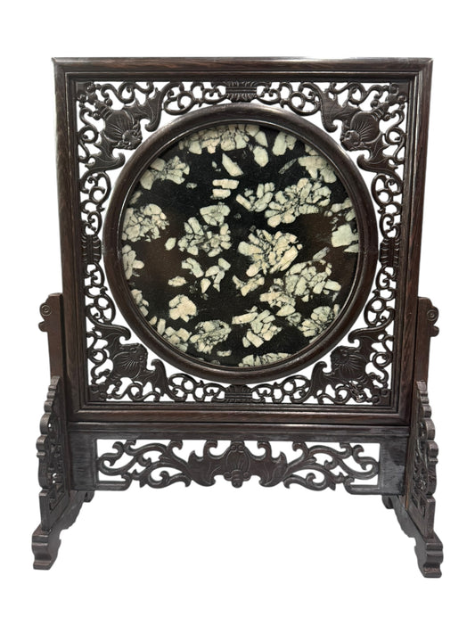 Tabletop chinese art wood carving partition miniatures Peony flower stone mudan shi artifacts sculpture