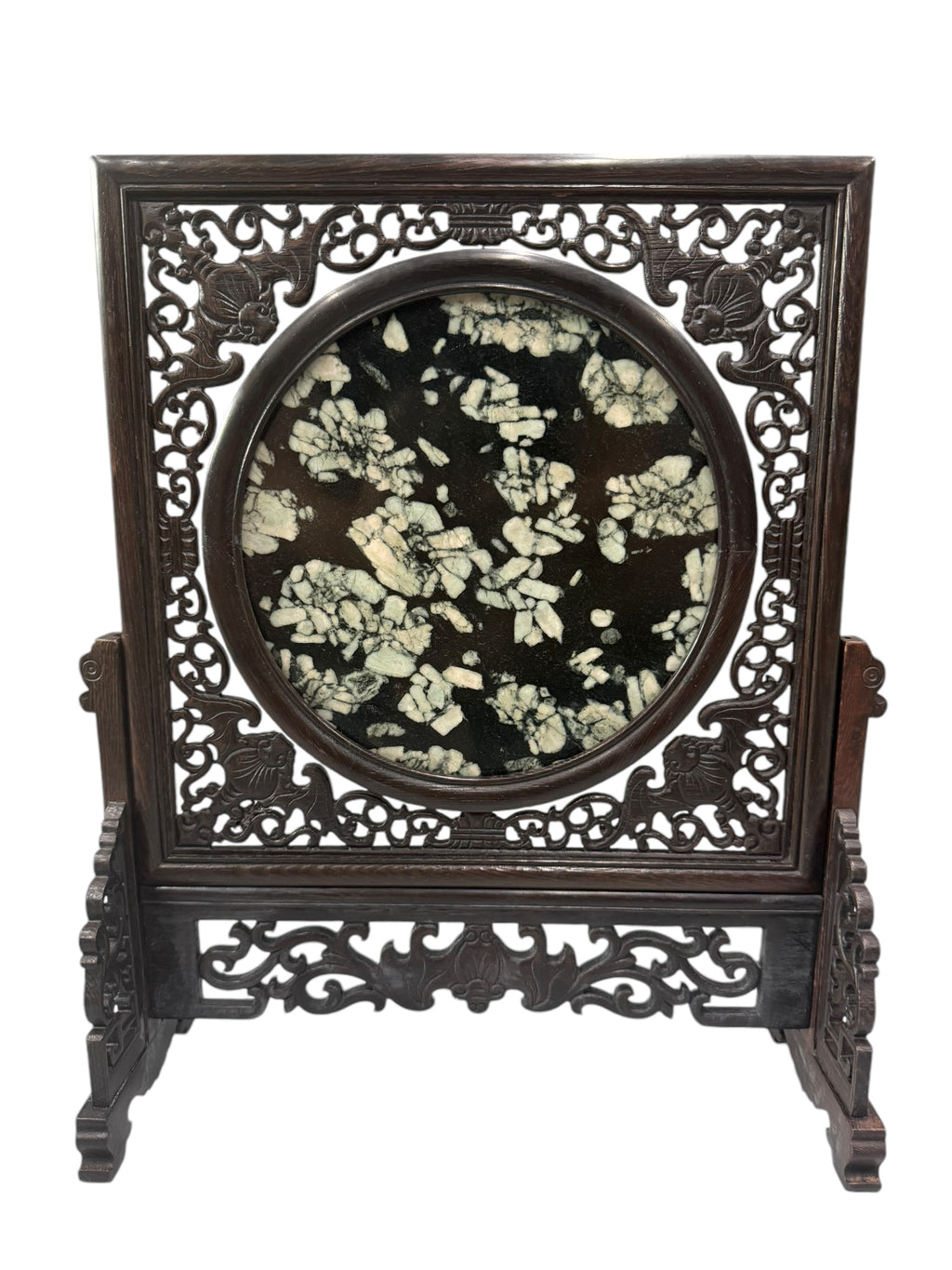 Tabletop Chinese Art Wood Carving Partition - Miniature Peony & Chrysanthemum Stone, Mudan Shi Artifacts Sculpture