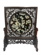 Tabletop Chinese Art Wood Carving Partition - Miniature Peony & Chrysanthemum Stone, Mudan Shi Artifacts Sculpture