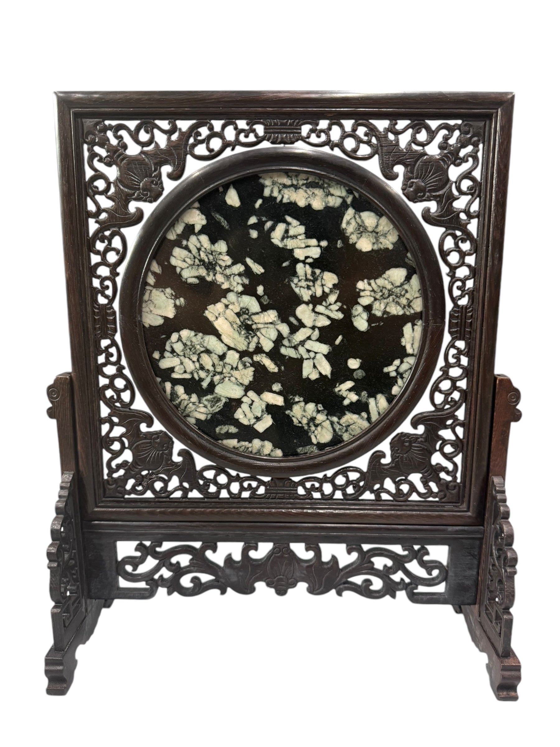 Tabletop Chinese Art Wood Carving Partition - Miniature Peony & Chrysanthemum Stone, Mudan Shi Artifacts Sculpture