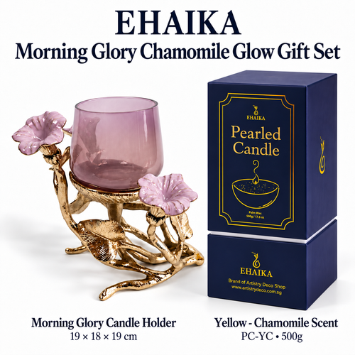 Artistry Deco Shop EHAIKA Morning Glory Chamomile Glow gift set with skincare products and packaging featuring a floral design.