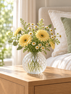EHAIKA Small Table-top Clear Glass Flower Vase, Handmade Diamond Cut Patterned - Round Shaped