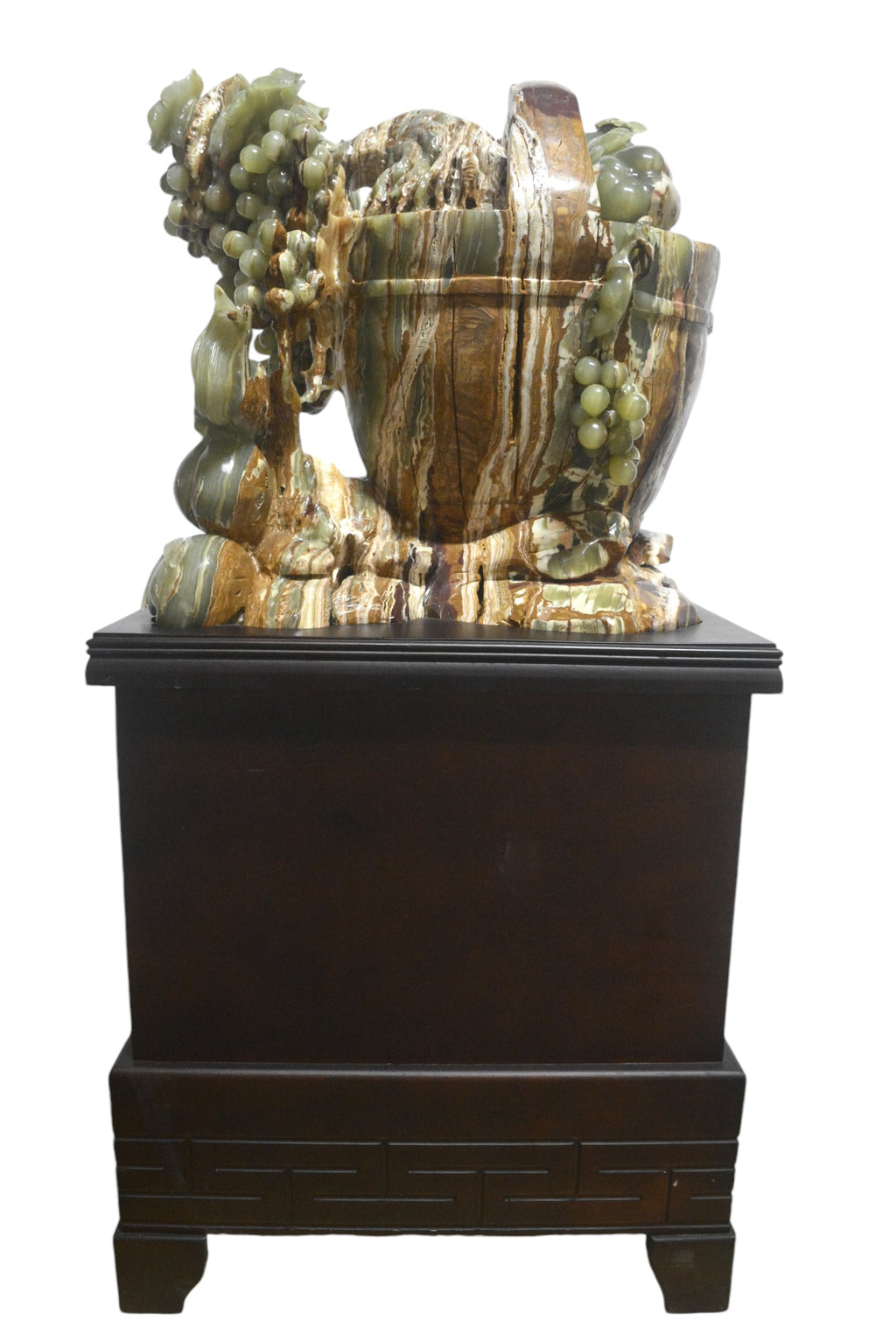 Natural green onyx stone jade lookalike carving grapes peach squirrel bucket tree home office restaurant decoration master showpiece