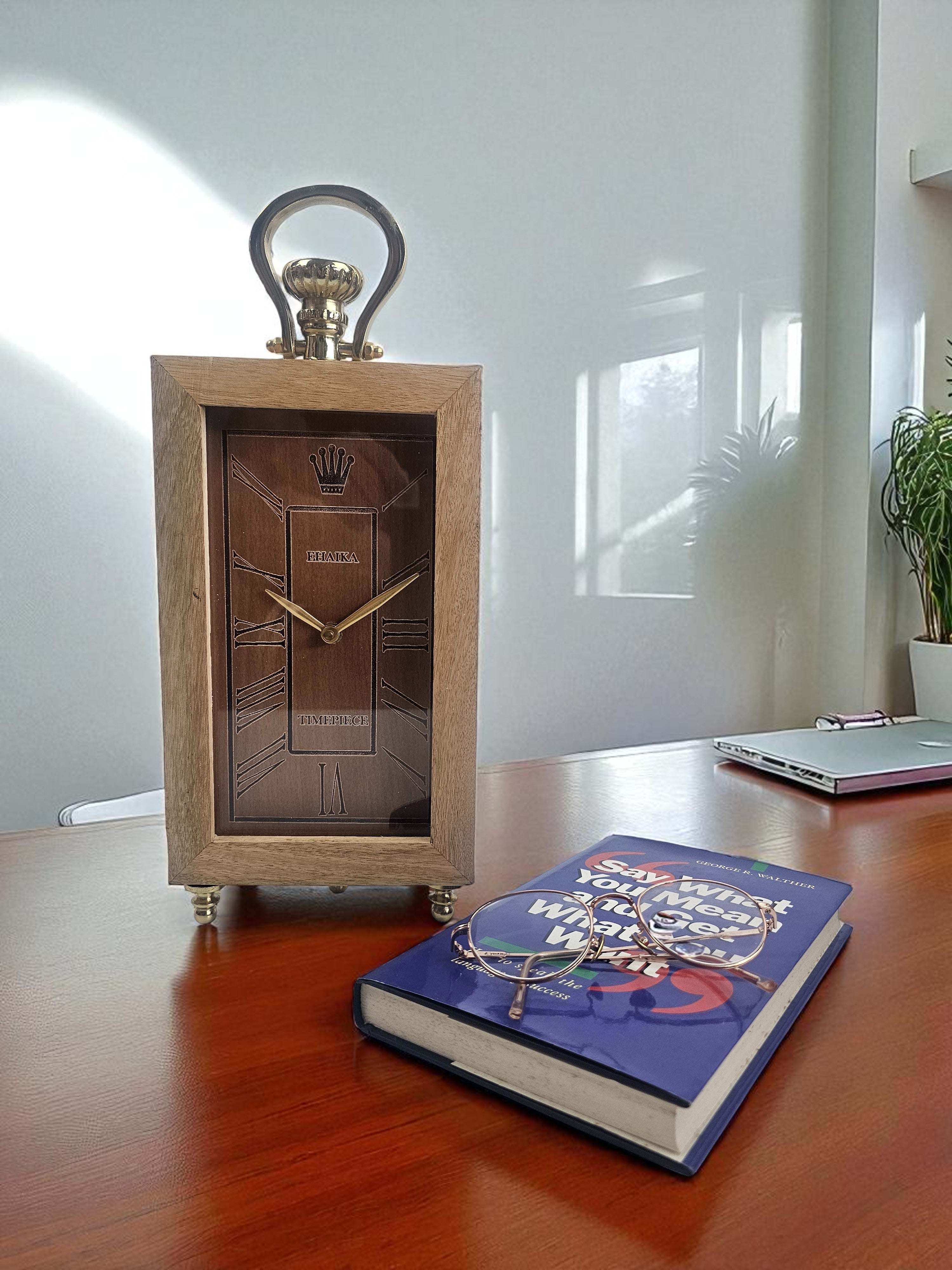 EHAIKA Elegance Perfume Bottle Designed Table Clock, Wooden Body & Metal Stand