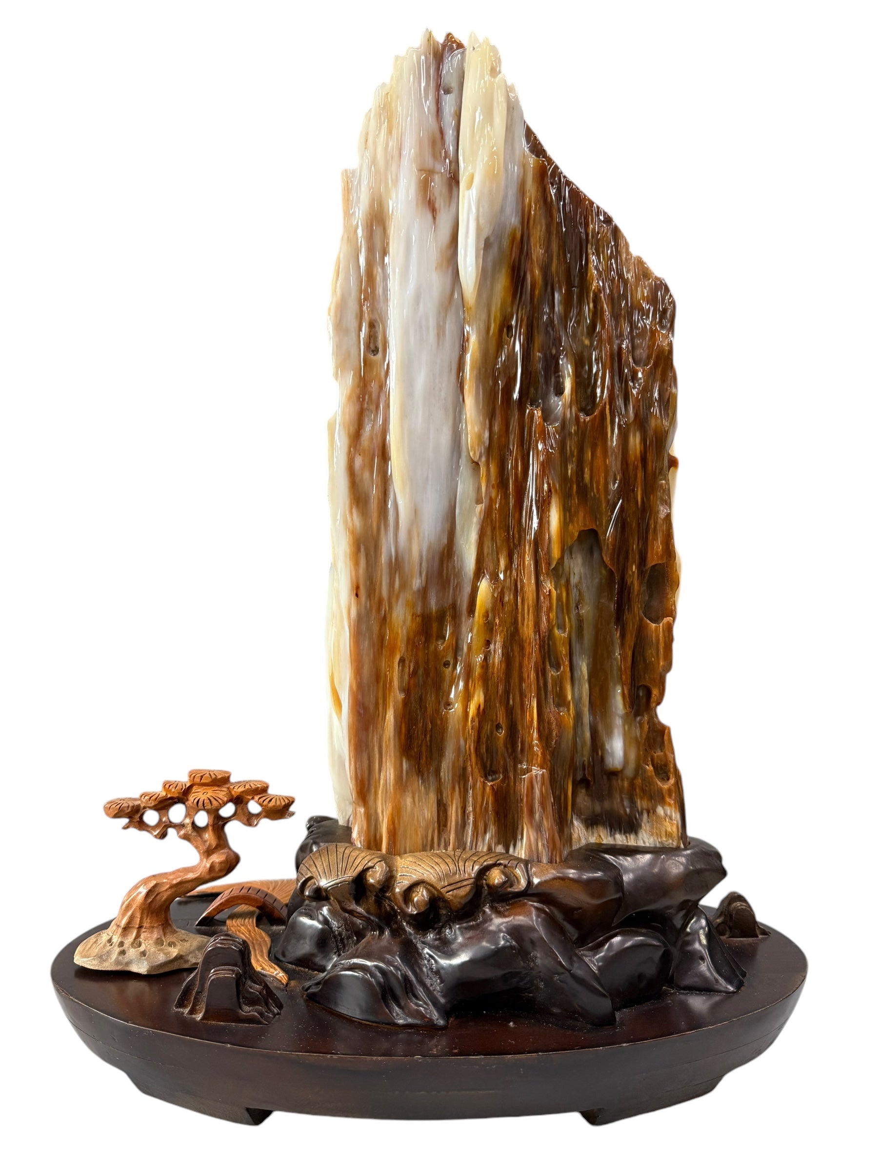 Premium petrified wood fengshui ornament mountain lookalike with scenery solid wooden base