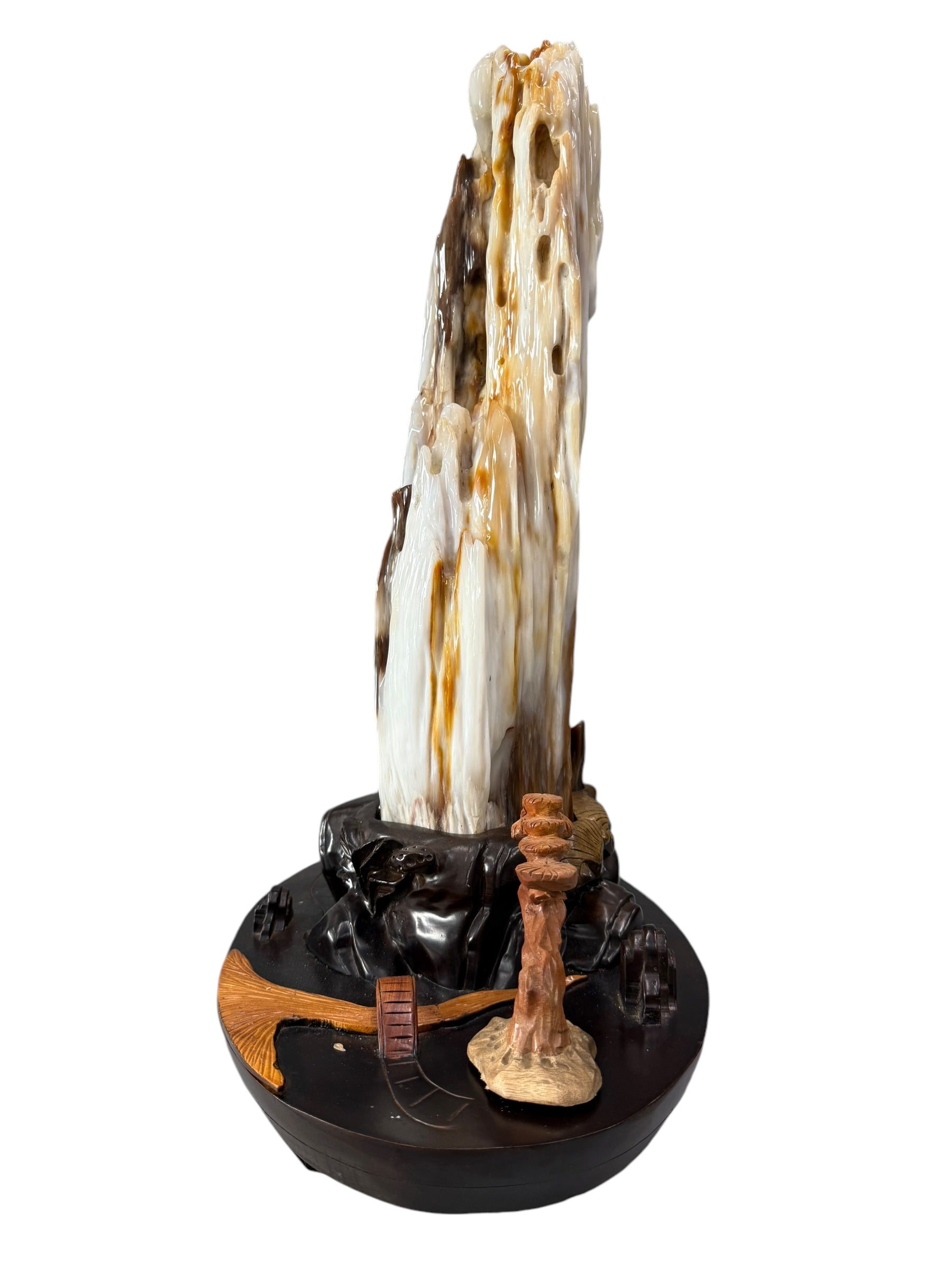 Premium petrified wood fengshui ornament mountain lookalike with scenery solid wooden base