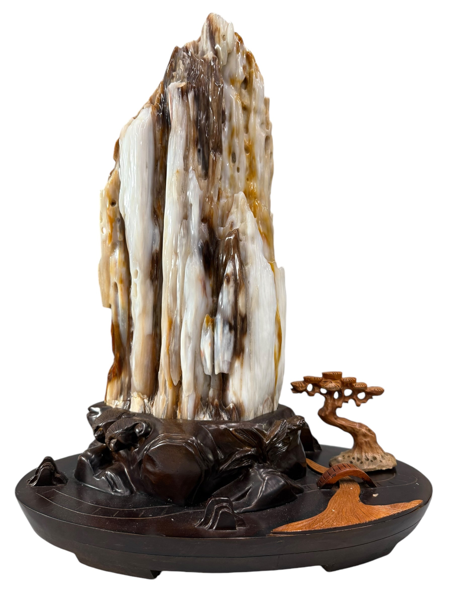 Premium petrified wood fengshui ornament mountain lookalike with scenery solid wooden base