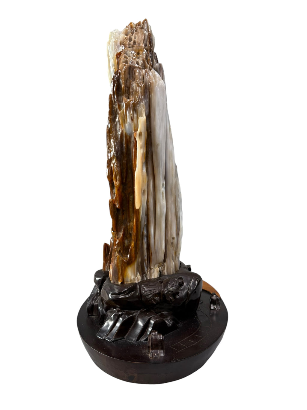 Premium petrified wood fengshui ornament mountain lookalike with scenery solid wooden base