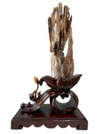 Beautiful petrified wood fengshui ornament mountain lookalike with lotus flower wooden base