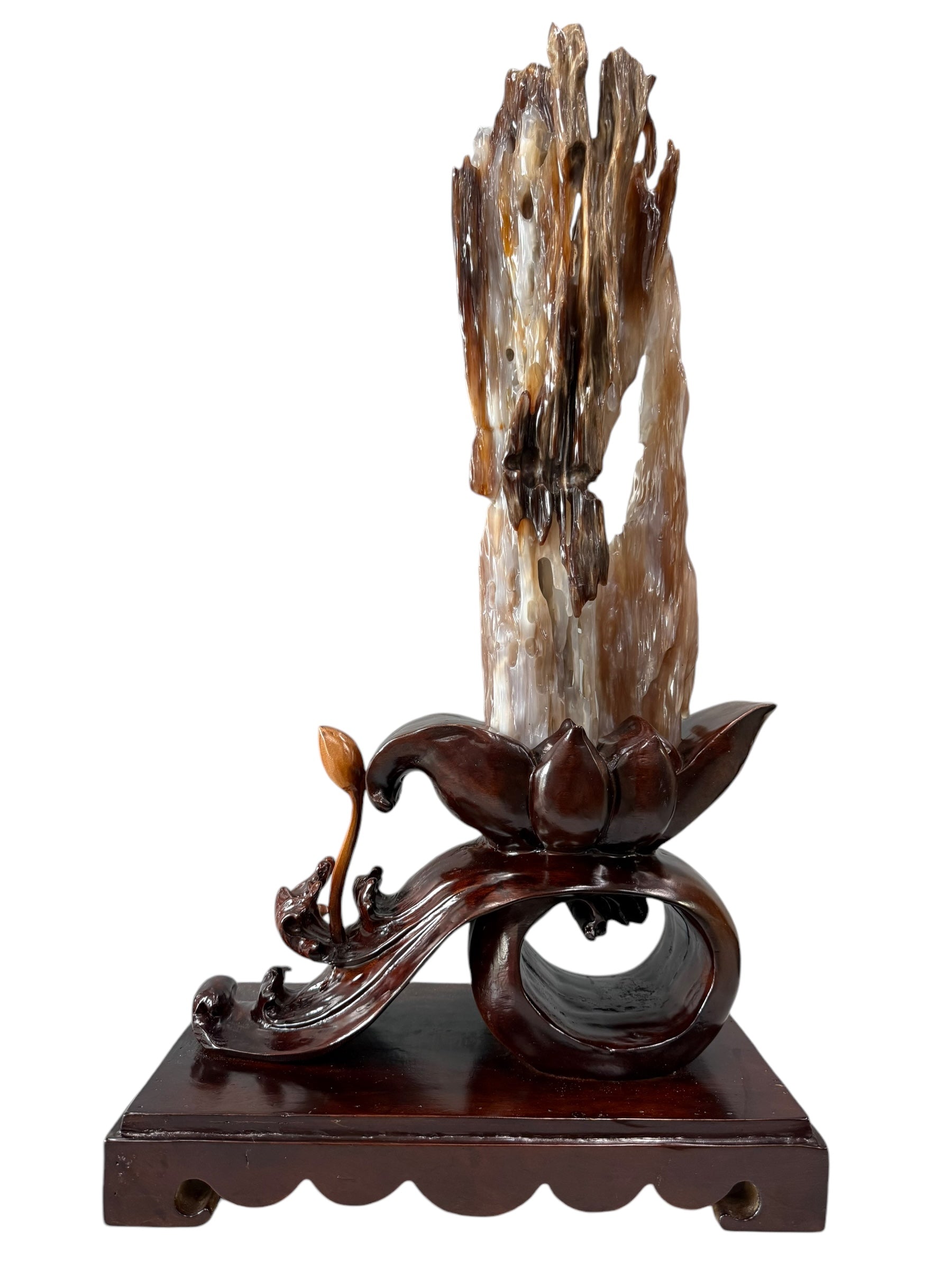 Beautiful petrified wood fengshui ornament mountain lookalike with lotus flower wooden base