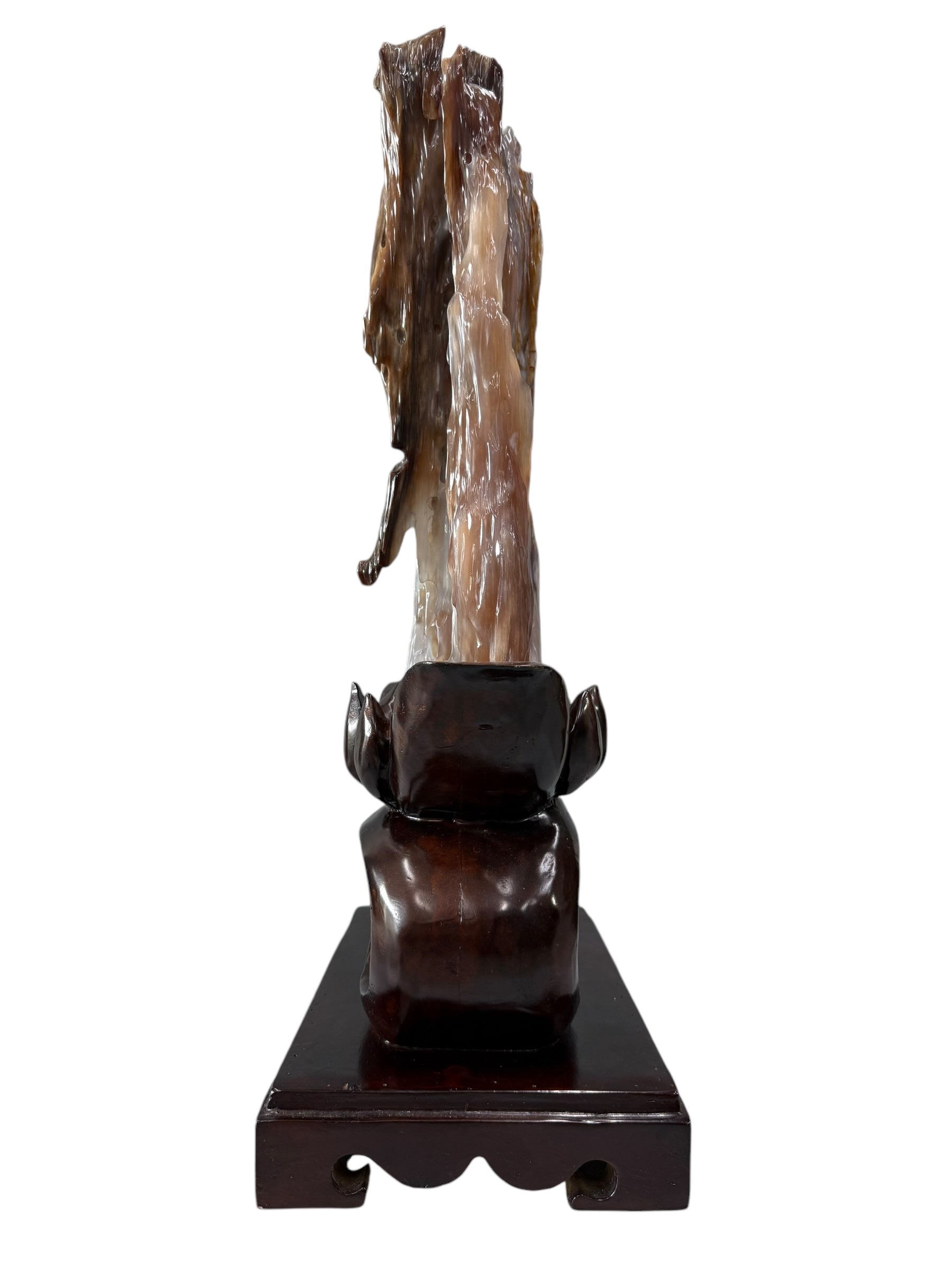 Beautiful petrified wood fengshui ornament mountain lookalike with lotus flower wooden base