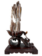 Beautiful petrified wood fengshui ornament mountain lookalike with lotus flower wooden base