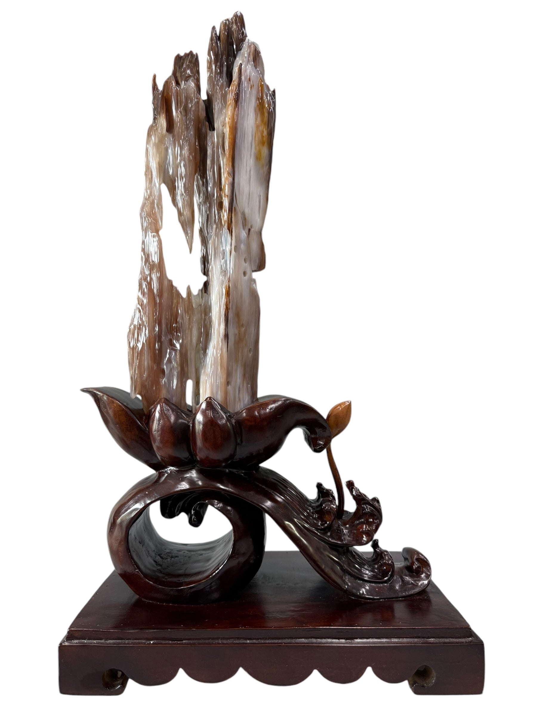 Beautiful petrified wood fengshui ornament mountain lookalike with lotus flower wooden base