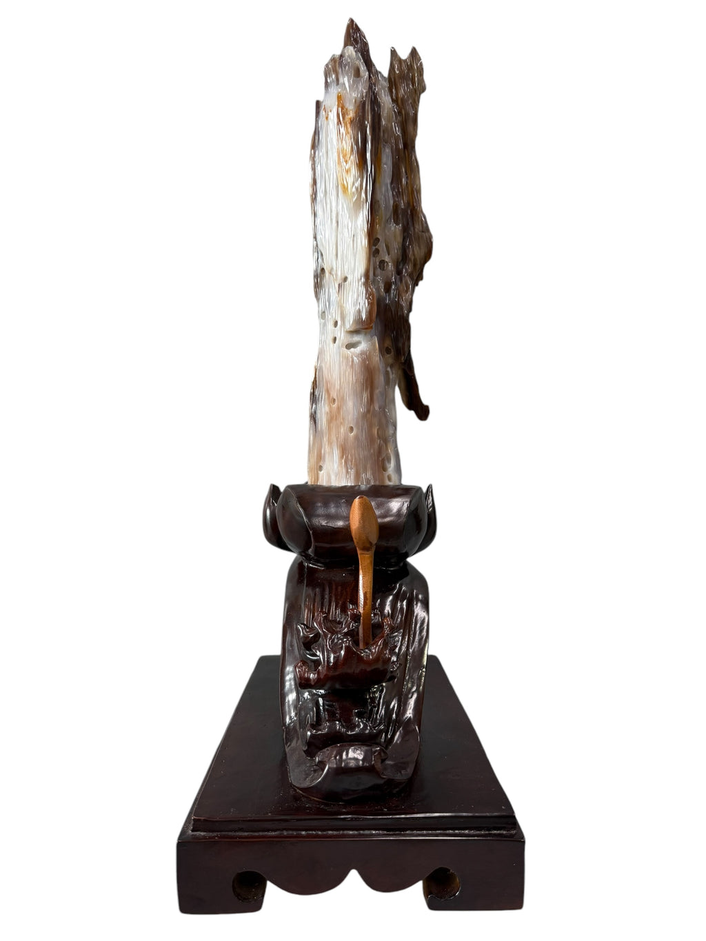 Beautiful petrified wood fengshui ornament mountain lookalike with lotus flower wooden base