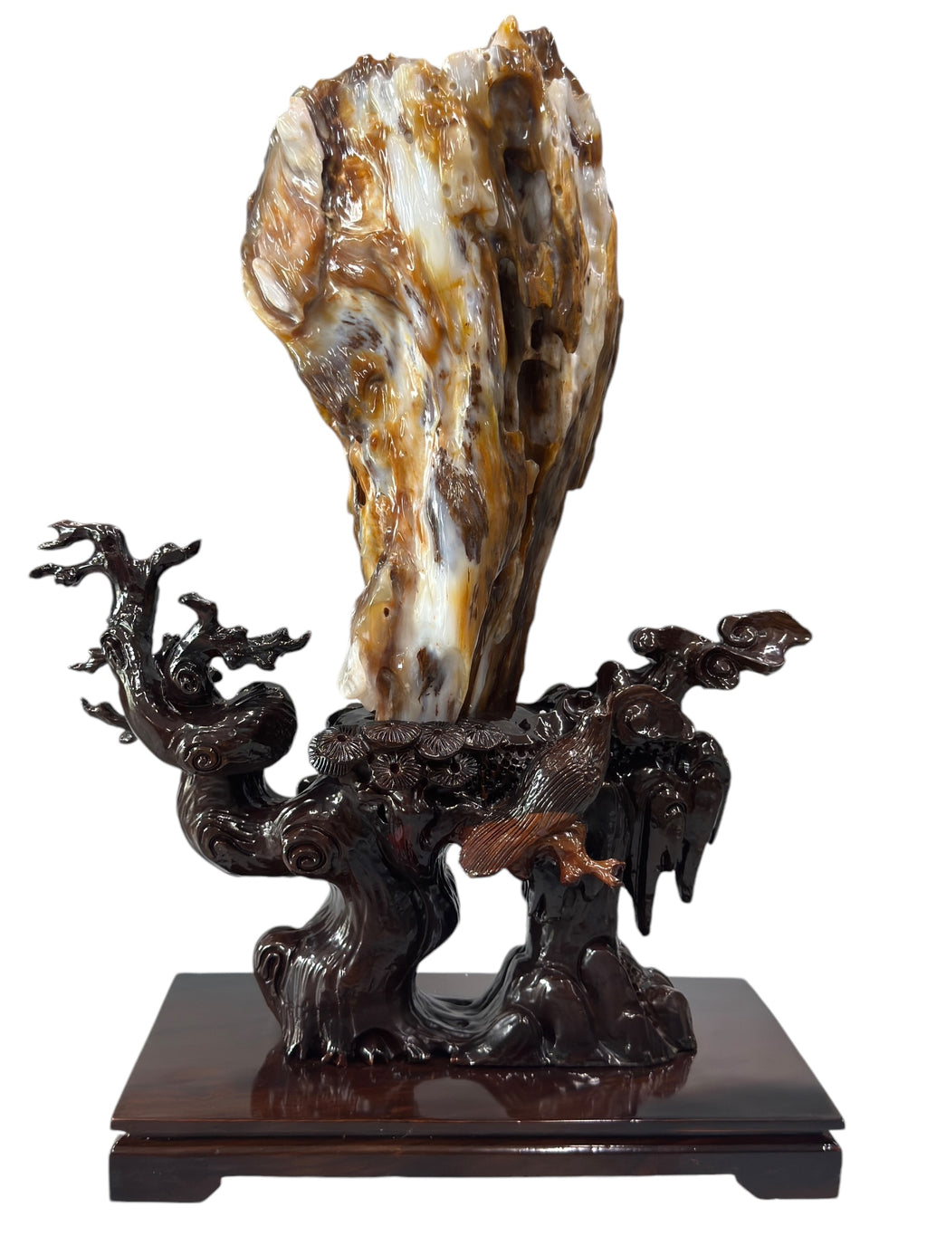 Premium petrified wood fengshui ornament mountain lookalike with scenery solid wooden base