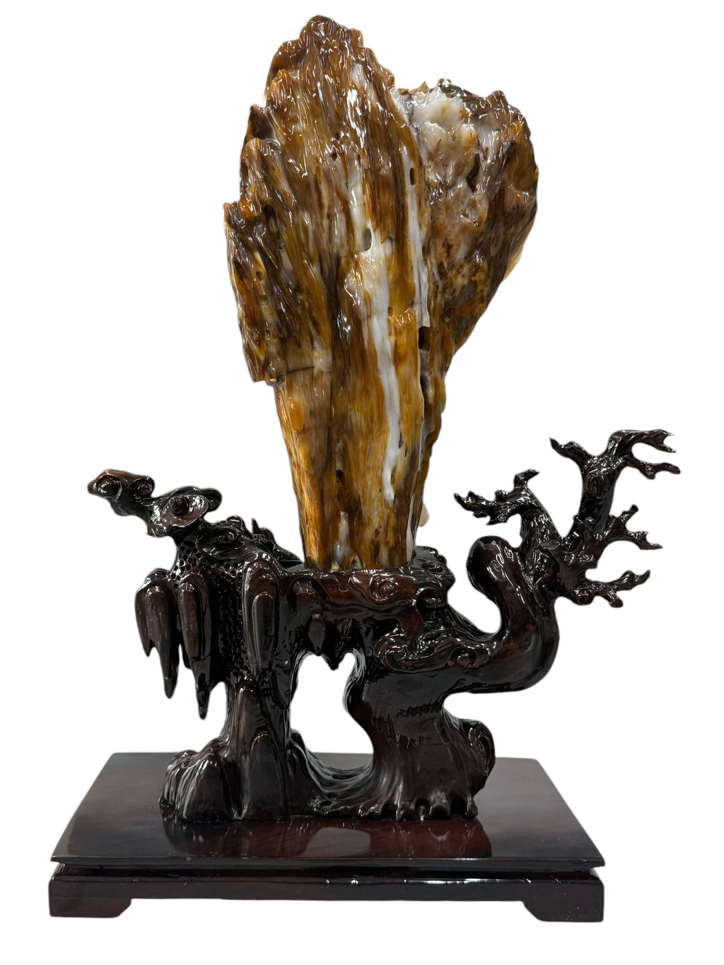 Premium petrified wood fengshui ornament mountain lookalike with scenery solid wooden base
