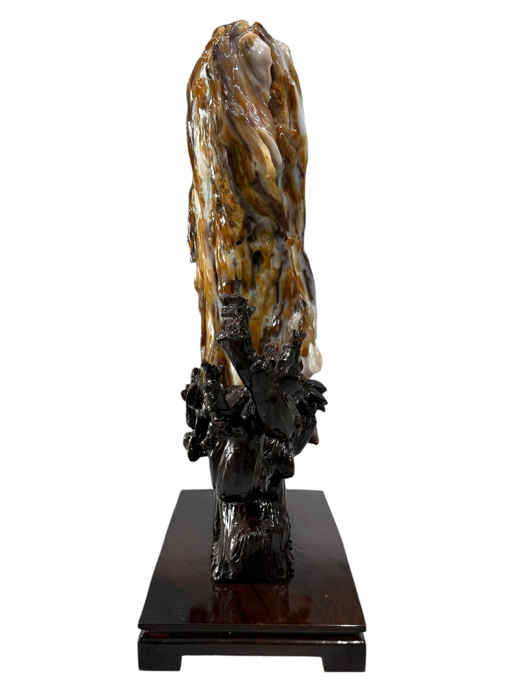 Premium petrified wood fengshui ornament mountain lookalike with scenery solid wooden base