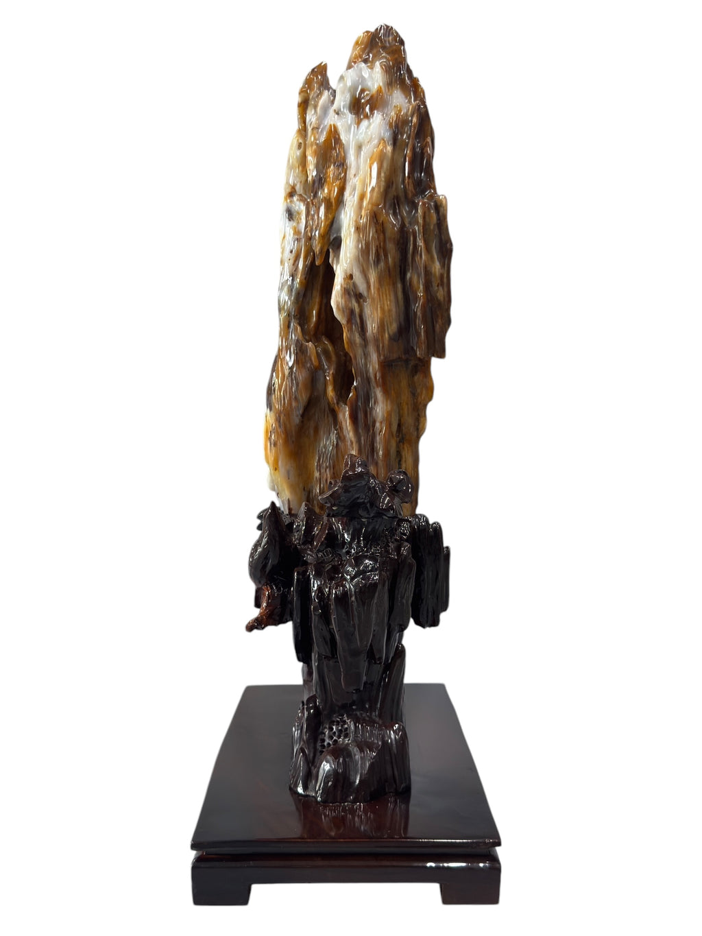 Premium petrified wood fengshui ornament mountain lookalike with scenery solid wooden base