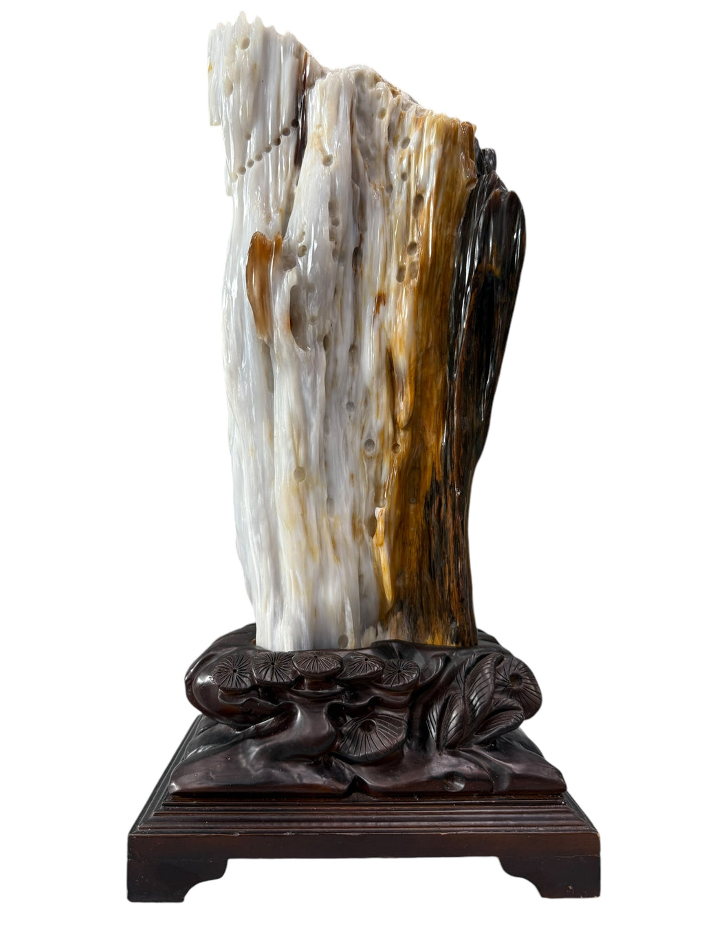 Premium petrified wood fengshui ornament mountain lookalike with carving solid wooden base