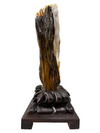 Premium petrified wood fengshui ornament mountain lookalike with carving solid wooden base
