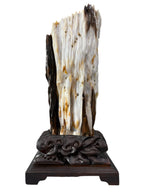 Premium petrified wood fengshui ornament mountain lookalike with carving solid wooden base