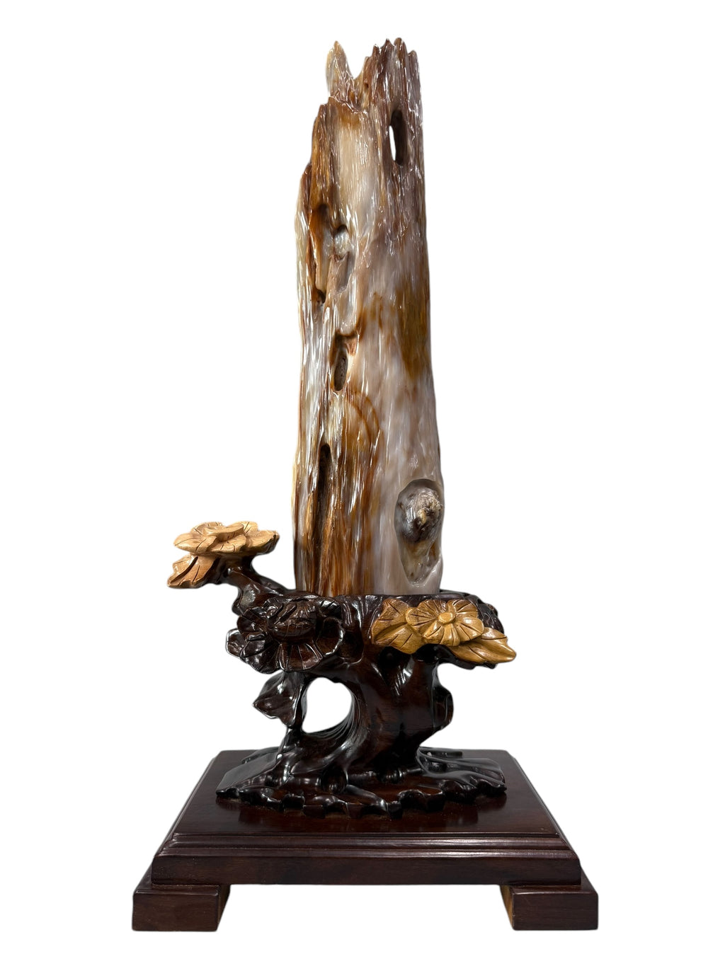 Premium petrified wood fengshui ornament mountain lookalike flower carving solid wooden base