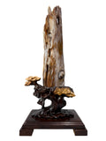 Premium petrified wood fengshui ornament mountain lookalike flower carving solid wooden base