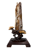 Premium petrified wood fengshui ornament mountain lookalike flower carving solid wooden base