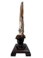 Premium petrified wood fengshui ornament mountain lookalike flower carving solid wooden base