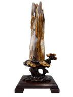 Premium petrified wood fengshui ornament mountain lookalike flower carving solid wooden base