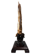 Premium petrified wood fengshui ornament mountain lookalike flower carving solid wooden base