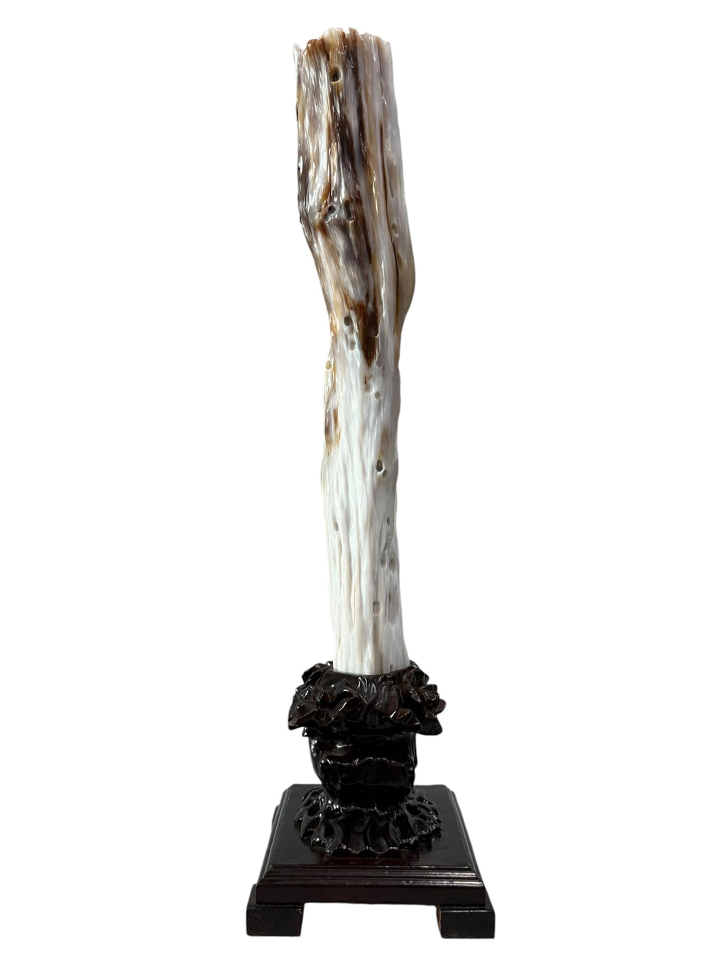 Elegant petrified wood fengshui ornament mountain lookalike flower carving solid wooden base