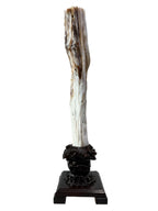 Elegant petrified wood fengshui ornament mountain lookalike flower carving solid wooden base